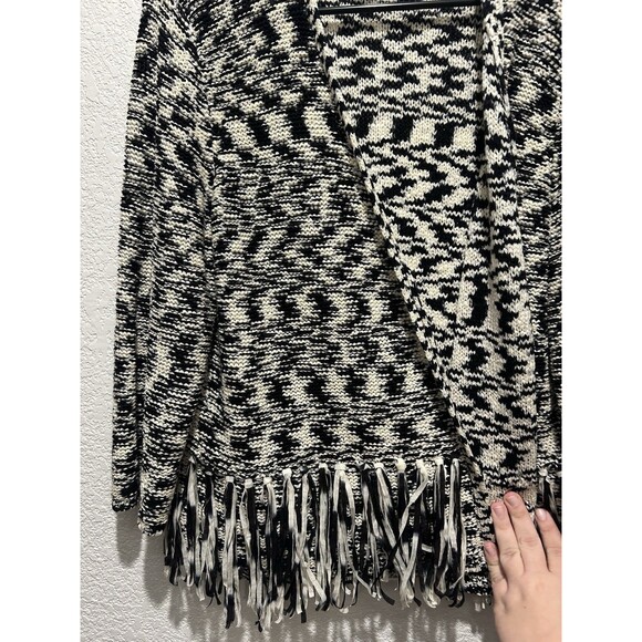 Chicos Fringe Open Cardigan Sweater Black White Size 2 Large Chunky Knit Boho - Picture 3 of 5